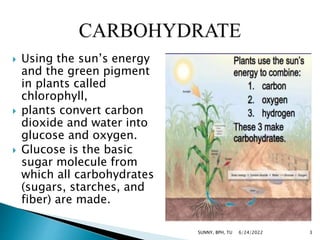  Using the sun’s energy
and the green pigment
in plants called
chlorophyll,
 plants convert carbon
dioxide and water into
glucose and oxygen.
 Glucose is the basic
sugar molecule from
which all carbohydrates
(sugars, starches, and
fiber) are made.
6/24/2022 3
SUNNY, BPH, TU
 