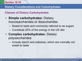 Section 18.19
Dietary Considerations and Carbohydrates
Return to TOC
Classes of Dietary Carbohydrates
• Simple carbohydrates: Dietary
monosaccharides or disaccharides
– Sweet to taste and commonly referred to as sugars
– Constitute 20% of the energy in the US diet
• Complex carbohydrates: Dietary
polysaccharides
– Include starch and cellulose, which are normally not
sweet to taste
Copyright ©2016 Cengage Learning. All Rights Reserved. 100
 