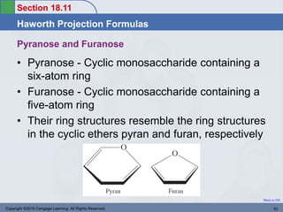 Section 18.11
Haworth Projection Formulas
Return to TOC
Copyright ©2016 Cengage Learning. All Rights Reserved. 53
Pyranose and Furanose
• Pyranose - Cyclic monosaccharide containing a
six-atom ring
• Furanose - Cyclic monosaccharide containing a
five-atom ring
• Their ring structures resemble the ring structures
in the cyclic ethers pyran and furan, respectively
 