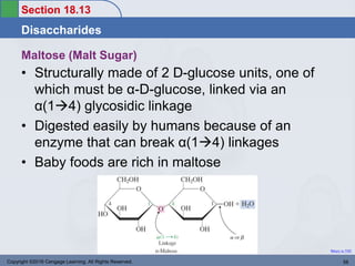 Section 18.13
Disaccharides
Return to TOC
Copyright ©2016 Cengage Learning. All Rights Reserved. 58
Maltose (Malt Sugar)
• Structurally made of 2 D-glucose units, one of
which must be α-D-glucose, linked via an
α(14) glycosidic linkage
• Digested easily by humans because of an
enzyme that can break α(14) linkages
• Baby foods are rich in maltose
 