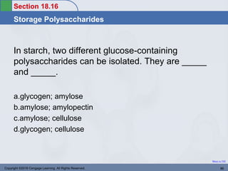 Section 18.16
Storage Polysaccharides
Return to TOC
In starch, two different glucose-containing
polysaccharides can be isolated. They are _____
and _____.
a.glycogen; amylose
b.amylose; amylopectin
c.amylose; cellulose
d.glycogen; cellulose
Copyright ©2016 Cengage Learning. All Rights Reserved. 86
 