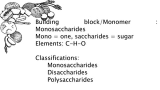 Building block/Monomer :
Monosaccharides
Mono = one, saccharides = sugar
Elements: C-H-O
Classifications:
Monosaccharides
Disaccharides
Polysaccharides
 