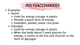  Examples
 Starch
 Used for energy storage in plants
 Provide a quick form of energy
 Examples, potato, pasta, rice grain
 Glycogen
 Used for energy storage in plants
 When the body doesn’t need glucose for
energy, it stores in the live and muscles in the
form of glycogen
POLYSACCHARIDES
 