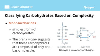 Learn about It
● Monosaccharides
○ simplest form of
carbohydrates
○ The prefix mono- suggests
that these carbohydrates
are composed of only one
basic molecule.
Classifying Carbohydrates Based on Complexity
Glucose as a monosaccharide
 