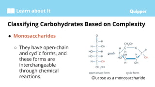 Learn about It
● Monosaccharides
○ They have open-chain
and cyclic forms, and
these forms are
interchangeable
through chemical
reactions.
Classifying Carbohydrates Based on Complexity
Glucose as a monosaccharide
 
