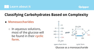 Learn about It
● Monosaccharides
○ In aqueous solutions,
most of the glucose will
be found in their cyclic
form.
Classifying Carbohydrates Based on Complexity
Glucose as a monosaccharide
 