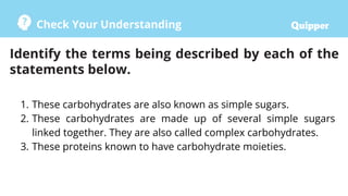 Check Your Understanding
Identify the terms being described by each of the
statements below.
1. These carbohydrates are also known as simple sugars.
2. These carbohydrates are made up of several simple sugars
linked together. They are also called complex carbohydrates.
3. These proteins known to have carbohydrate moieties.
 