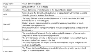 Study Name Tristan da Cunha Study
Year Conducted from 1950s to 1960s
Location Tristan da Cunha, a remote island in the South Atlantic Ocean
Aim
To investigate the dental health outcomes of a population with limited access to
refined sugars and modern dental care
Method
-The study focused on the isolated population of Tristan da Cunha, who had
minimal access to refined sugars
-Dietary analysis was conducted to assess the types and quantities of foods
consumed by the population.
-Dental examinations were performed to evaluate the prevalence and severity of
dental caries..
Results
-The population of Tristan da Cunha had remarkably low rates of dental caries
compared to more industrialized populations.
-The prevalence and severity of dental caries were notably reduced, likely due to
the absence of refined sugars in the diet.
-The study highlighted the impact of a diet low in refined sugars and processed
foods on dental health.
-The Tristan da Cunha Study demonstrated the benefits of a diet low in refined
sugars in preventing dental caries.
 