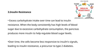 3.Insulin Resistance
• Excess carbohydrate intake over time can lead to insulin
resistance. When the body consistently has high levels of blood
sugar due to excessive carbohydrate consumption, the pancreas
produces more insulin to help regulate blood sugar levels.
•Over time, the cells become less responsive to insulin's signals,
leading to insulin resistance, a precursor to type 2 diabetes.
 