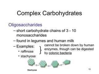 10
Complex Carbohydrates
Oligosaccharides
– short carbohydrate chains of 3 - 10
monosaccharides
– found in legumes and human milk
– Examples:
• raffinose
• stachyose
cannot be broken down by human
enzymes, though can be digested
by colonic bacteria
 