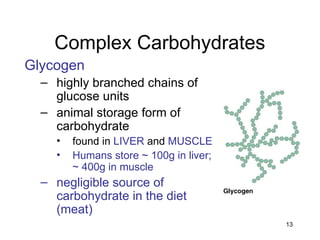 13
Complex Carbohydrates
Glycogen
– highly branched chains of
glucose units
– animal storage form of
carbohydrate
• found in LIVER and MUSCLE
• Humans store ~ 100g in liver;
~ 400g in muscle
– negligible source of
carbohydrate in the diet
(meat)
 