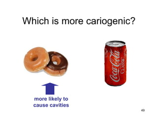 49
Which is more cariogenic?
more likely to
cause cavities
 