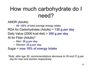 57
How much carbohydrate do I
need?
AMDR (Adults)
– 45 - 65% of total average energy intake
RDA for Carbohydrates (Adults) = 130 g per day
Daily Value (2000 kcal diet) = 300 g per day
AI for Fiber (Adults)*
– Men: 38 g per day
– Women: 25 g per day
Sugar = max 10% of energy intake
*Note: after age 50, recommendations decrease to 30 and 21 g per
day for men and women respectively.
 
