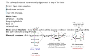 The carbohydrates can be structurally represented in any of the three
forms: Open chain structure.
Hemi-acetal structure.
Haworth structure.
Open chain
structure – It is the
long straight-chain
form of
carbohydrates.
Hemi-acetal structure – Here the 1st carbon of the glucose condenses with the -OH group of the
5th carbon to form a ring structure.
Haworth structure – It is the presence of the pyranose ring structure.
 