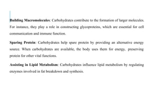 Building Macromolecules: Carbohydrates contribute to the formation of larger molecules.
For instance, they play a role in constructing glycoproteins, which are essential for cell
communication and immune function.
Sparing Protein: Carbohydrates help spare protein by providing an alternative energy
source. When carbohydrates are available, the body uses them for energy, preserving
protein for other vital functions.
Assisting in Lipid Metabolism: Carbohydrates influence lipid metabolism by regulating
enzymes involved in fat breakdown and synthesis.
 