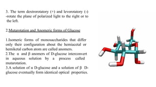 3. The term dextrorotatory (+) and levorotatory (-)
-rotate the plane of polarized light to the right or to
the left.
2.Mutarotation and Anomeric forms of Glucose
1.Isomeric forms of monosaccharides that differ
only their configuration about the hemiacetal or
hemiketal carbon atom are called anomers.
2.The α and β anomers of D-glucose interconvert
in aqueous solution by a process called
mutarotation.
3.A solution of α D-glucose and a solution of β D-
glucose eventually form identical optical properties.
 