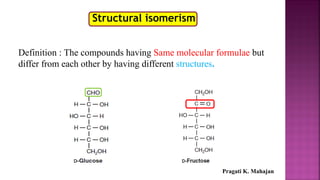 Structural isomerism
Definition : The compounds having Same molecular formulae but
differ from each other by having different structures.
Pragati K. Mahajan
 