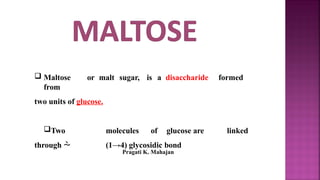  Maltose or malt sugar, is a disaccharide formed
from
two units of glucose.
Two molecules of glucose are linked
through  (1→4) glycosidic bond
Pragati K. Mahajan
 