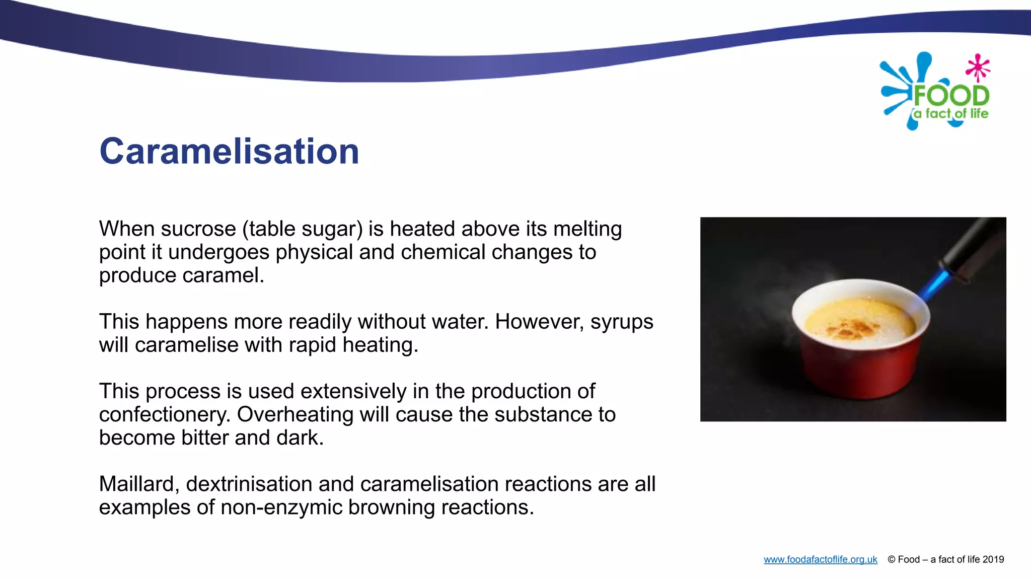 www.foodafactoflife.org.uk © Food – a fact of life 2019
Caramelisation
When sucrose (table sugar) is heated above its melting
point it undergoes physical and chemical changes to
produce caramel.
This happens more readily without water. However, syrups
will caramelise with rapid heating.
This process is used extensively in the production of
confectionery. Overheating will cause the substance to
become bitter and dark.
Maillard, dextrinisation and caramelisation reactions are all
examples of non-enzymic browning reactions.
 