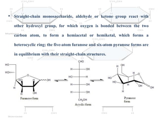 • Straight-chain monosaccharide, aldehyde or ketone group react with
other hydroxyl group, for which oxygen is bonded between the two
carbon atom, to form a hemiacetal or hemiketal, which forms a
heterocyclic ring; the five-atom furanose and six-atom pyranose forms are
in equilibrium with their straight-chain structures.
 