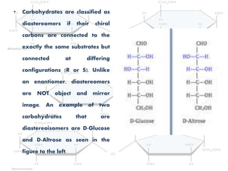 • Carbohydrates are classified as
diastereomers if their chiral
carbons are connected to the
exactly the same substrates but
connected at differing
configurations (R or S). Unlike
an enantiomer, diastereomers
are NOT object and mirror
image. An example of two
carbohydrates that are
diastereoisomers are D-Glucose
and D-Altrose as seen in the
figure to the left.
 