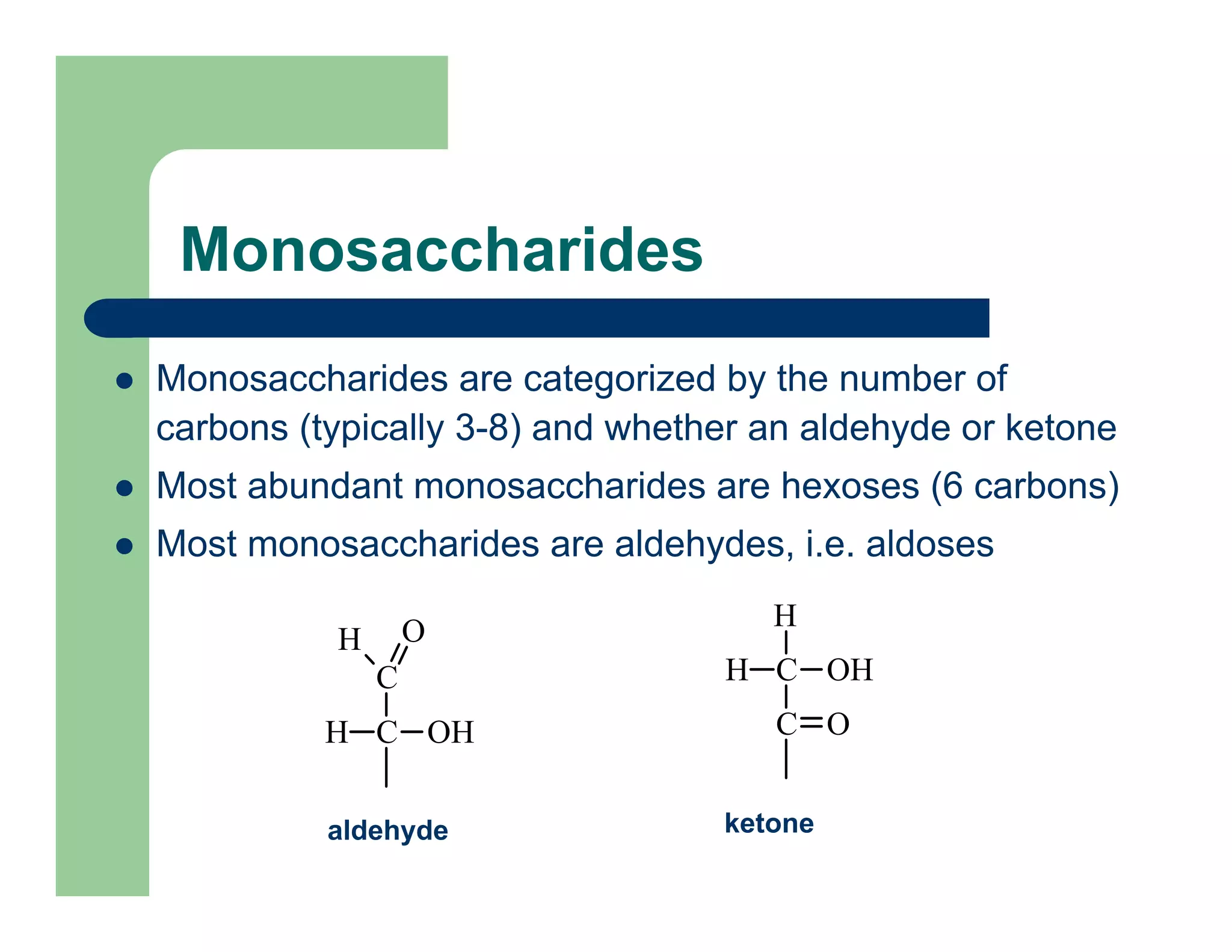 Monosaccharides
Monosaccharides are categorized by the number of
carbons (typically 3-8) and whether an aldehyde or ketone
Most abundant monosaccharides are hexoses (6 carbons)
Most monosaccharides are aldehydes, i.e. aldoses
C
C
OH
H OH
C
C O
H
H OH
aldehyde ketone
 