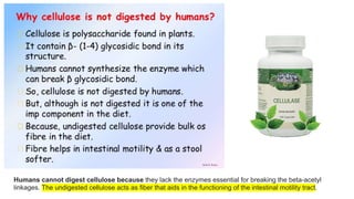 Humans cannot digest cellulose because they lack the enzymes essential for breaking the beta-acetyl
linkages. The undigested cellulose acts as fiber that aids in the functioning of the intestinal motility tract.
 