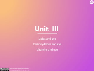 Unit: III
Lipids and eye
Carbohydrates and eye
Vitamins and eye
Attribution-NonCommercial-ShareAlike
4.0 International (CC BY-NC-SA 4.0)
 