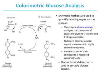 Colorimetric Glucose Analysis
• Enzymatic methods are used to
quantify reducing sugars such as
glucose.
– The enzyme glucose oxidase
catalyzes the conversion of
glucose to glucono--lactone and
hydrogen peroxide.
– Hydrogen peroxide oxidizes
organic molecules into highly
colored compounds.
– Concentrations of such
compounds is measured
colorimetrically.
O
OH
OH
OH
O
H
CH2OH
O
OH
OH O
O
H
CH2OH
NH2
NH2
OCH3
OCH3
NH
NH
OCH3
OCH3
b-D-Glucose -D-Gluconolactone
Glucose oxidase
O2
H2O2
Peroxidase
2 H2O
Reduced
o-dianisidine
(faint orange)
Oxidized
o-dianisidine
(bright orange)
• Electrochemical detection is
used in portable glucose
sensors.
 