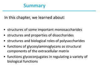 Summary
• structures of some important monosaccharides
• structures and properties of disaccharides
• structures and biological roles of polysaccharides
• functions of glycosylaminoglycans as structural
components of the extracellular matrix
• functions glycoconjugates in regulating a variety of
biological functions
In this chapter, we learned about:
 