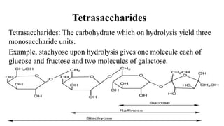 Tetrasaccharides
Tetrasaccharides: The carbohydrate which on hydrolysis yield three
monosaccharide units.
Example, stachyose upon hydrolysis gives one molecule each of
glucose and fructose and two molecules of galactose.
 