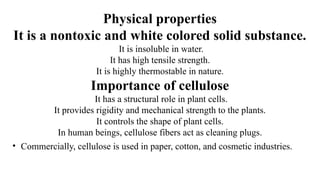 Physical properties
It is a nontoxic and white colored solid substance.
It is insoluble in water.
It has high tensile strength.
It is highly thermostable in nature.
Importance of cellulose
It has a structural role in plant cells.
It provides rigidity and mechanical strength to the plants.
It controls the shape of plant cells.
In human beings, cellulose fibers act as cleaning plugs.
• Commercially, cellulose is used in paper, cotton, and cosmetic industries.
 