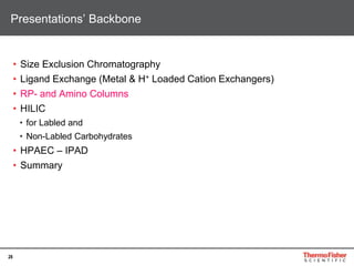 28
• Size Exclusion Chromatography
• Ligand Exchange (Metal & H+ Loaded Cation Exchangers)
• RP- and Amino Columns
• HILIC
• for Labled and
• Non-Labled Carbohydrates
• HPAEC – IPAD
• Summary
Presentations’ Backbone
 