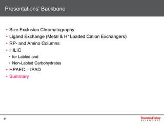 67
• Size Exclusion Chromatography
• Ligand Exchange (Metal & H+ Loaded Cation Exchangers)
• RP- and Amino Columns
• HILIC
• for Labled and
• Non-Labled Carbohydrates
• HPAEC – IPAD
• Summary
Presentations’ Backbone
 