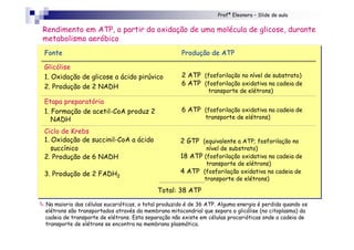 Profª Eleonora – Slide de aula
Rendimento em ATP, a partir da oxidação de uma molécula de glicose, durante
metabolismo aeróbico
" Na maioria das células eucarióticas, o total produzido é de 36 ATP. Alguma energia é perdida quando os
elétrons são transportados através da membrana mitocondrial que separa a glicólise (no citoplasma) da
cadeia de transporte de elétrons. Esta separação não existe em células procarióticas onde a cadeia de
transporte de elétrons se encontra na membrana plasmática.
6 ATP (fosforilação oxidativa na cadeia de
transporte de elétrons)
Etapa preparatória
1. Formação de acetil-CoA produz 2
NADH
2 ATP (fosforilação no nível de substrato)
6 ATP (fosforilação oxidativa na cadeia de
transporte de elétrons)
Glicólise
1. Oxidação de glicose a ácido pirúvico
2. Produção de 2 NADH
Produção de ATPFonte
2 GTP (equivalente a ATP; fosforilação no
nível de substrato)
18 ATP (fosforilação oxidativa na cadeia de
transporte de elétrons)
4 ATP (fosforilação oxidativa na cadeia de
transporte de elétrons)
Ciclo de Krebs
1. Oxidação de succinil-CoA a ácido
succínico
2. Produção de 6 NADH
3. Produção de 2 FADH2
Total: 38 ATP
 