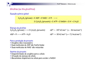 Profª Eleonora – Slide de aula
Glicólise (ou Via glicolítica)
Equação química global
C6H12O6 (glicose) + 2 ADP + 2 NAD+ + 2 Pi →
2 C3H4O3 (piruvato) + 2 ATP + 2 NADH + 2 H+ + 2 H2O
Energia da glicólise
C6H12O6 (glicose) → 2 C3H4O3 (piruvato) ∆G0’ = - 147 kJ.mol-1 (≈ - 36 kcal.mol-1)
ADP + Pi → ATP + H2O ∆G0’ = + 30 kJ.mol-1 (≈ + 7,3 kcal.mol-1)
Para a produção de piruvato
! Oxigênio não é necessário
! Duas moléculas de ADP são fosforiladas
! Duas moléculas de NAD+ são reduzidas
Destino do piruvato
! Disponibilidade de oxigênio para a célula
! Situação de energia da célula
! Mecanismos disponíveis na célula para oxidar o NADH
 