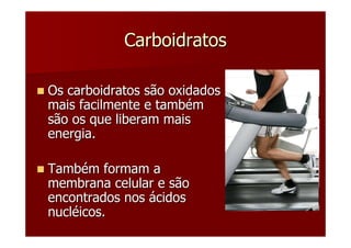 Carboidratos

Os carboidratos são oxidados
mais facilmente e também
são os que liberam mais
energia.

Também formam a
membrana celular e são
encontrados nos ácidos
nucléicos.
 