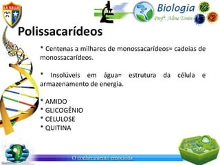 Polissacarídeos
   * Centenas a milhares de monossacarídeos= cadeias de
   monossacarídeos.

   * Insolúveis em água= estrutura da célula e
   armazenamento de energia.

   * AMIDO
   * GLICOGÊNIO
   * CELULOSE
   * QUITINA
 