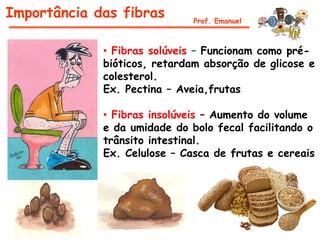 Importância das fibras        Prof. Emanuel



             • Fibras solúveis – Funcionam como pré-
             bióticos, retardam absorção de glicose e
             colesterol.
             Ex. Pectina – Aveia,frutas

             • Fibras insolúveis – Aumento do volume
             e da umidade do bolo fecal facilitando o
             trânsito intestinal.
             Ex. Celulose – Casca de frutas e cereais
 
