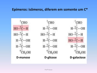 Epímeros: isômeros, diferem em somente um C*




  D-manose        D-glicose      D-galactose


                  Profª Kasue
 