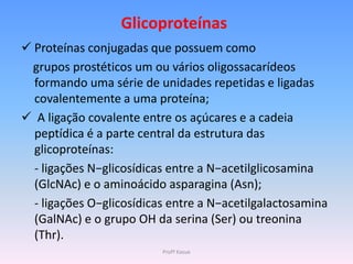 Glicoproteínas
 Proteínas conjugadas que possuem como
  grupos prostéticos um ou vários oligossacarídeos
  formando uma série de unidades repetidas e ligadas
  covalentemente a uma proteína;
 A ligação covalente entre os açúcares e a cadeia
  peptídica é a parte central da estrutura das
  glicoproteínas:
  - ligações N−glicosídicas entre a N−acetilglicosamina
  (GlcNAc) e o aminoácido asparagina (Asn);
  - ligações O−glicosídicas entre a N−acetilgalactosamina
  (GalNAc) e o grupo OH da serina (Ser) ou treonina
  (Thr).
                          Profª Kasue
 