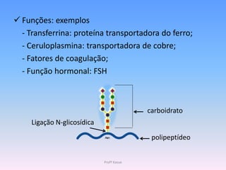  Funções: exemplos
  - Transferrina: proteína transportadora do ferro;
  - Ceruloplasmina: transportadora de cobre;
  - Fatores de coagulação;
  - Função hormonal: FSH



                                           carboidrato
     Ligação N-glicosídica
                                            polipeptídeo


                             Profª Kasue
 