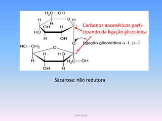 H2C      OH
         H                 O H
               H
             OH       H      1     Carbonos anoméricos parti-
      HO                           cipando da ligação glicosídica
             H        OH
                            O       ligação glicosídica -1, 
HO   CH2          O
                             2
             H        HO
     H                     H2C    OH

             OH        H


                   Sacarose: não redutora




                             Profª Kasue
 