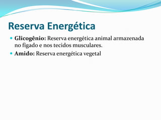 Reserva Energética
 Glicogênio: Reserva energética animal armazenada

no fígado e nos tecidos musculares.
 Amido: Reserva energética vegetal

 
