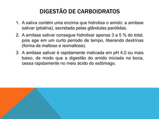 DIGESTÃO DE CARBOIDRATOS
1. A saliva contém uma enzima que hidrolisa o amido: a amilase
salivar (ptialina), secretada pelas glândulas parótidas.
2. A amilase salivar consegue hidrolisar apenas 3 a 5 % do total,
pois age em um curto período de tempo, liberando dextrinas
(forma de maltose e isomaltose).
3. A amilase salivar é rapidamente inativada em pH 4,0 ou mais
baixo, de modo que a digestão do amido iniciada na boca,
cessa rapidamente no meio ácido do estômago.
 