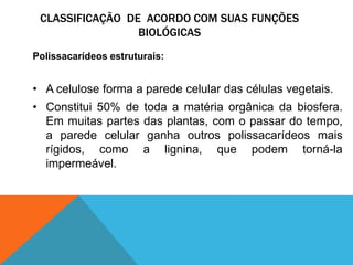 CLASSIFICAÇÃO DE ACORDO COM SUAS FUNÇÕES
BIOLÓGICAS
Polissacarídeos estruturais:
• A celulose forma a parede celular das células vegetais.
• Constitui 50% de toda a matéria orgânica da biosfera.
Em muitas partes das plantas, com o passar do tempo,
a parede celular ganha outros polissacarídeos mais
rígidos, como a lignina, que podem torná-la
impermeável.
 