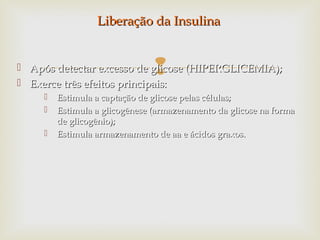  Após detectar excesso de glicose (HIPERGLICEMIA);Após detectar excesso de glicose (HIPERGLICEMIA);
 Exerce três efeitos principais:Exerce três efeitos principais:
 Estimula a captação de glicose pelas células;Estimula a captação de glicose pelas células;
 Estimula a glicogênese (armazenamento da glicose na formaEstimula a glicogênese (armazenamento da glicose na forma
de glicogênio);de glicogênio);
 Estimula armazenamento de aa e ácidos graxos.Estimula armazenamento de aa e ácidos graxos.
Liberação da InsulinaLiberação da Insulina
 