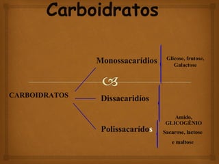Carboidratos
Amido,
GLICOGÊNIO
CARBOIDRATOS
Monossacarídios
Dissacaridíos
Polissacarídos
Glicose, frutose,
Galactose
Sacarose, lactose
e maltose
 