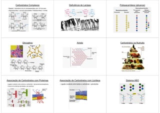 Carboidratos Complexos
- Reação C anomérico de um monossacarídeo com -OH de outro
- Oligossacarídeo = poucas subunidades; Polissacarídeos = muitas
Deficiência de Lactase Polissacarídeos (glicanos)
Glicogênio Amido Carboidratos na Nutrição
Associação de Carboidratos com Proteínas
- Ligação covalente entre proteína e carboidrato = glicoproteína/proteoglicana
- Comum em proteínas secretadas e de superfície
Associação de Carboidratos com Lipídeos
- Ligação covalente entre lipídeo e carboidrato = glicolipídeo
Sistema ABO
 