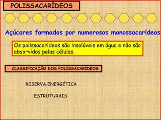 Açúcares formados por numerosos monossacarídeos
POLISSACARÍDEOS
Os polissacarídeos são insolúveis em água e não são
absorvidos pelas células.
CLASSIFICAÇÃO DOS POLISSACARÍDEOS
RESERVA ENERGÉTICA
ESTRUTURAIS
 